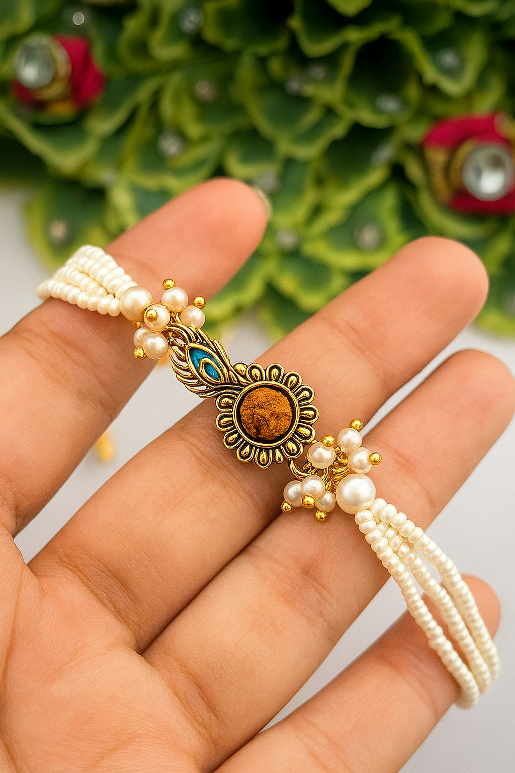 Graceful White Pearl Rakhi ๐ธ