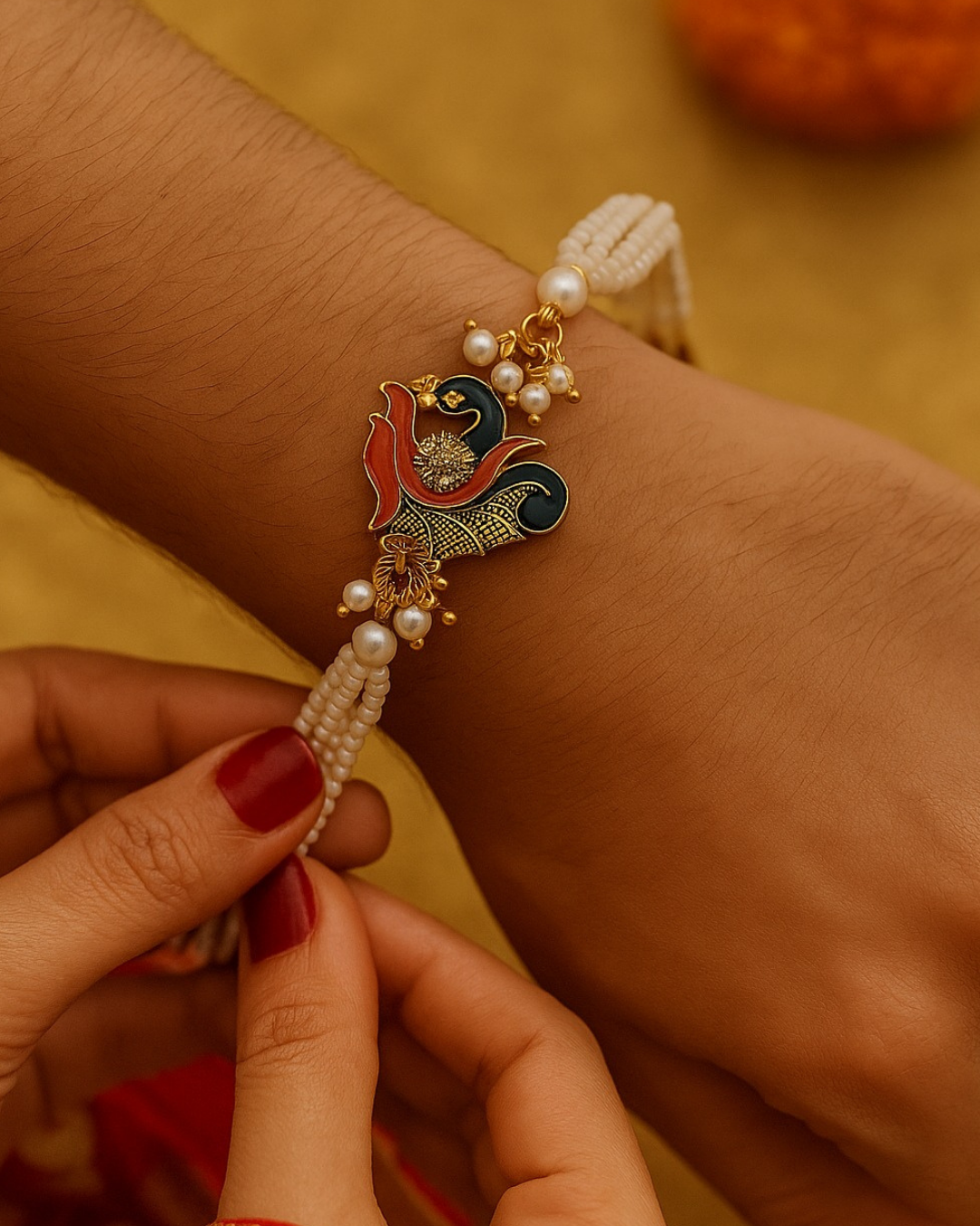 Handmade Divine Peacock Rakhi with Free Chawal & Kumkum