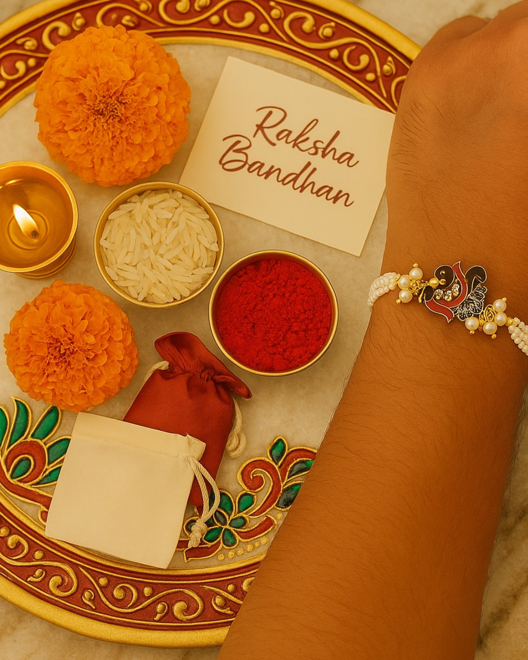 Handmade Divine Peacock Rakhi with Free Chawal & Kumkum