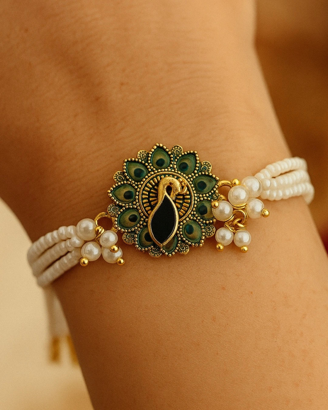 Graceful White Pearl Rakhi ๐ธ