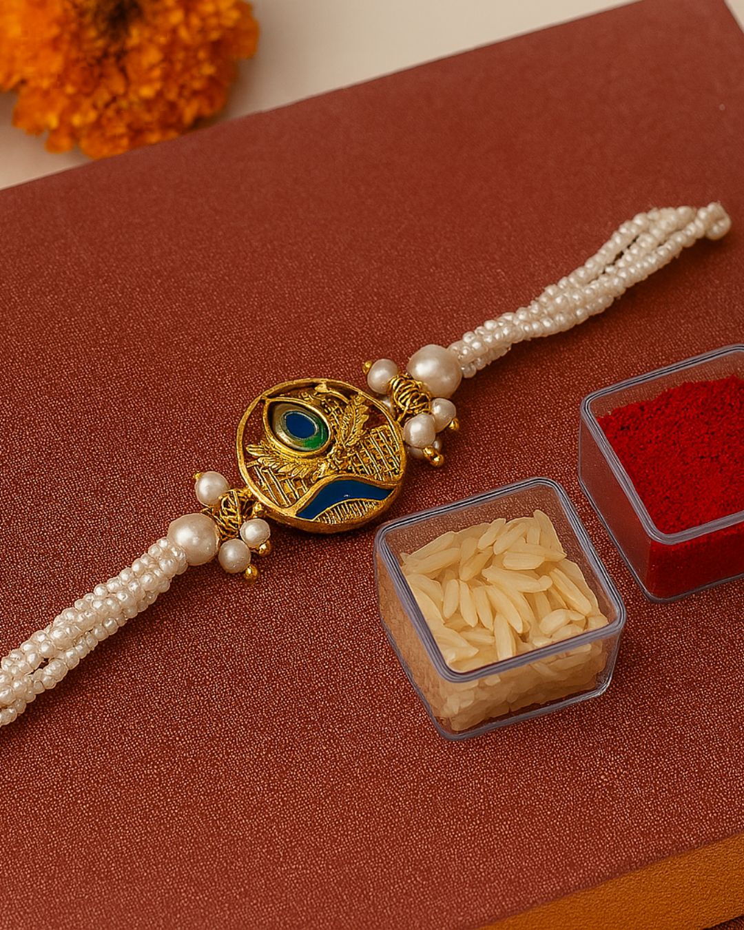 Handcrafted Lord Krishna Rakhi with Free Chawal & Kumkum