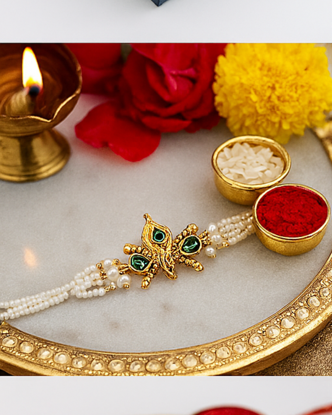 Handmade Divine Peacock Feather Rakhi with Free Chawal & Kumkum