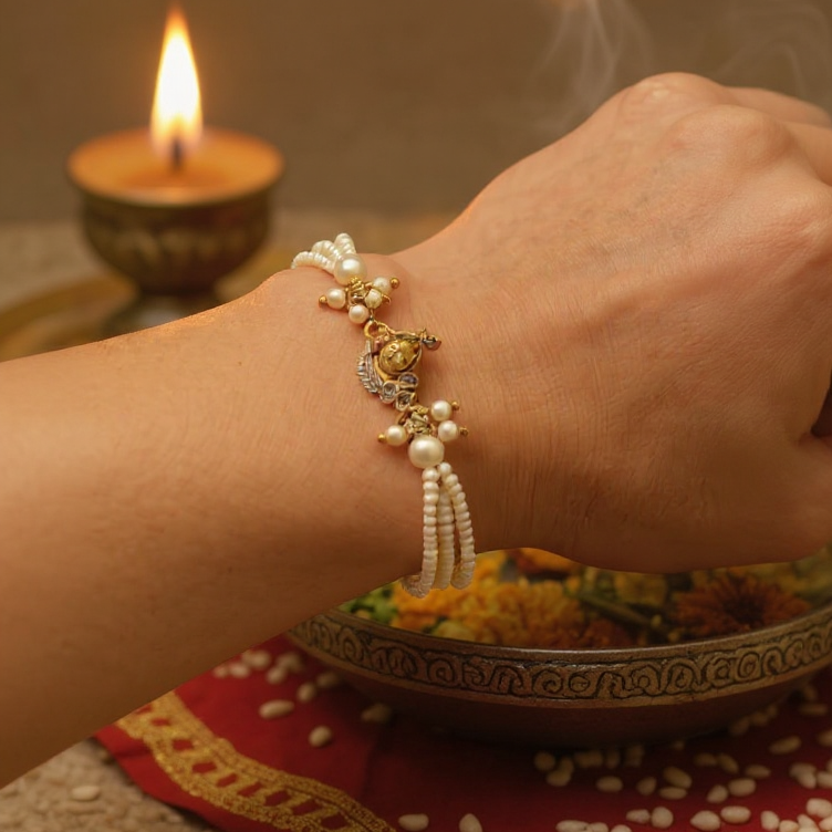 Graceful White Pearl Rakhi ๐ธ
