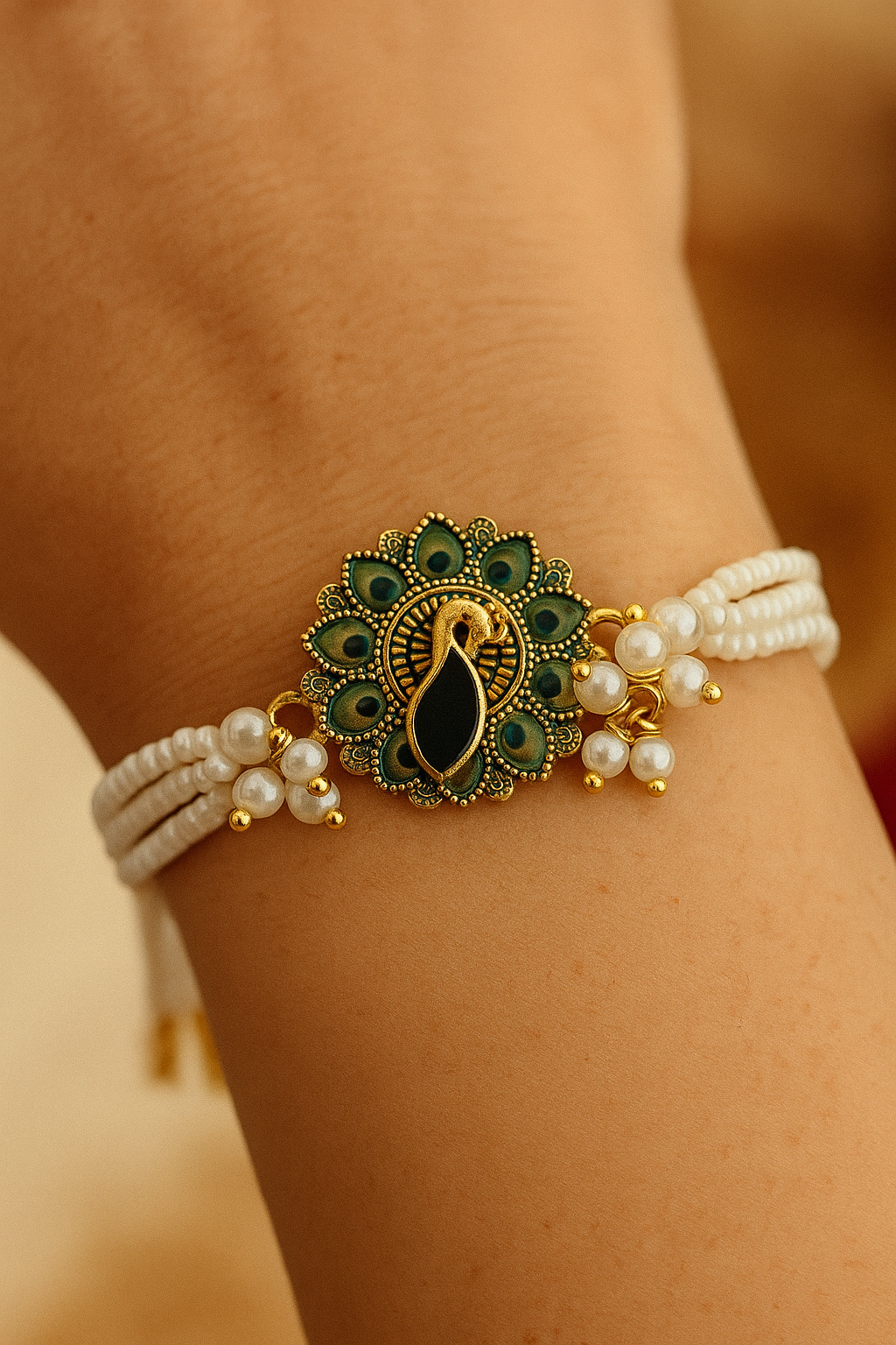 Graceful White Pearl Rakhi ๐ธ