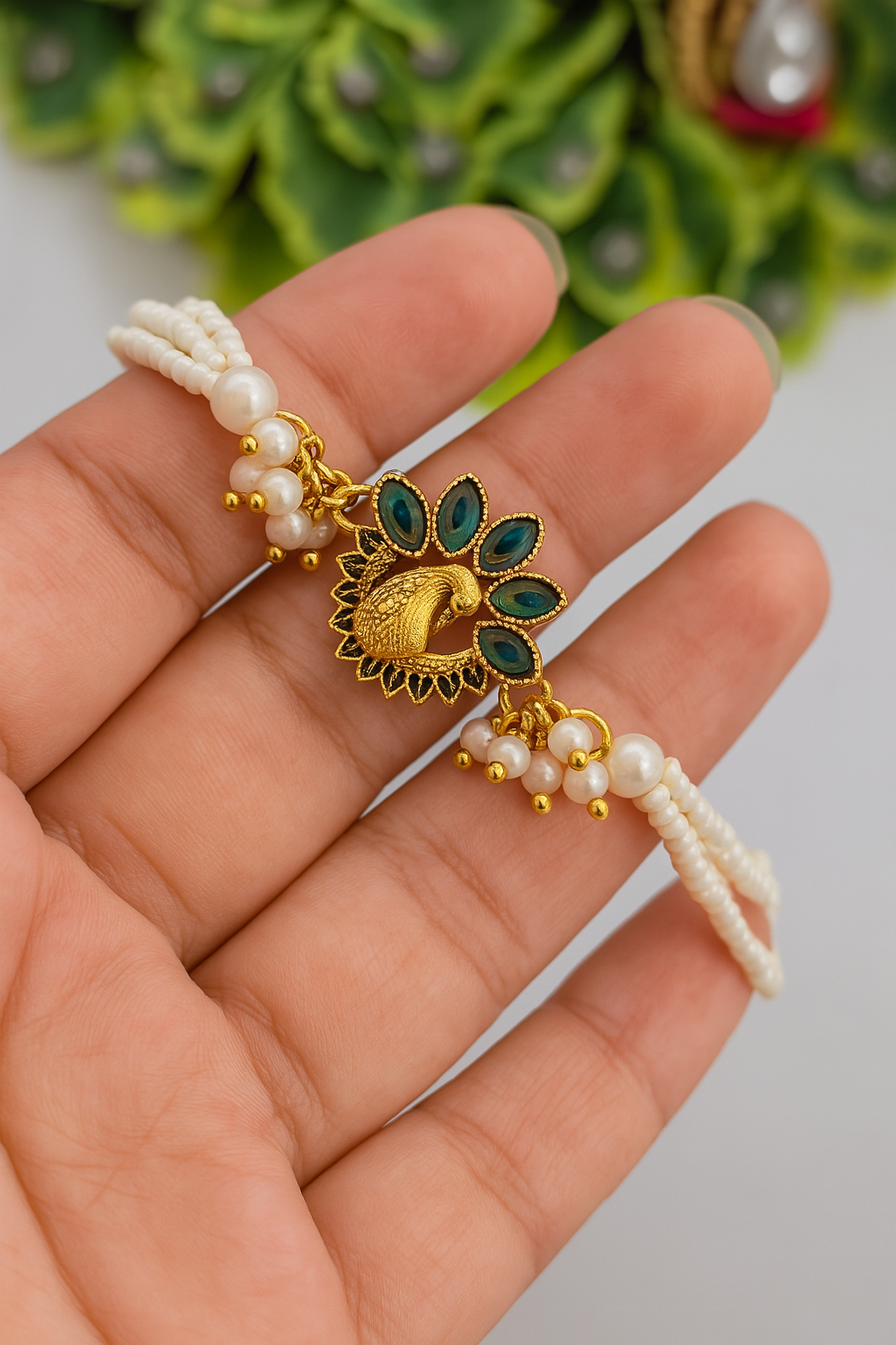 Graceful White Pearl Rakhi ๐ธ