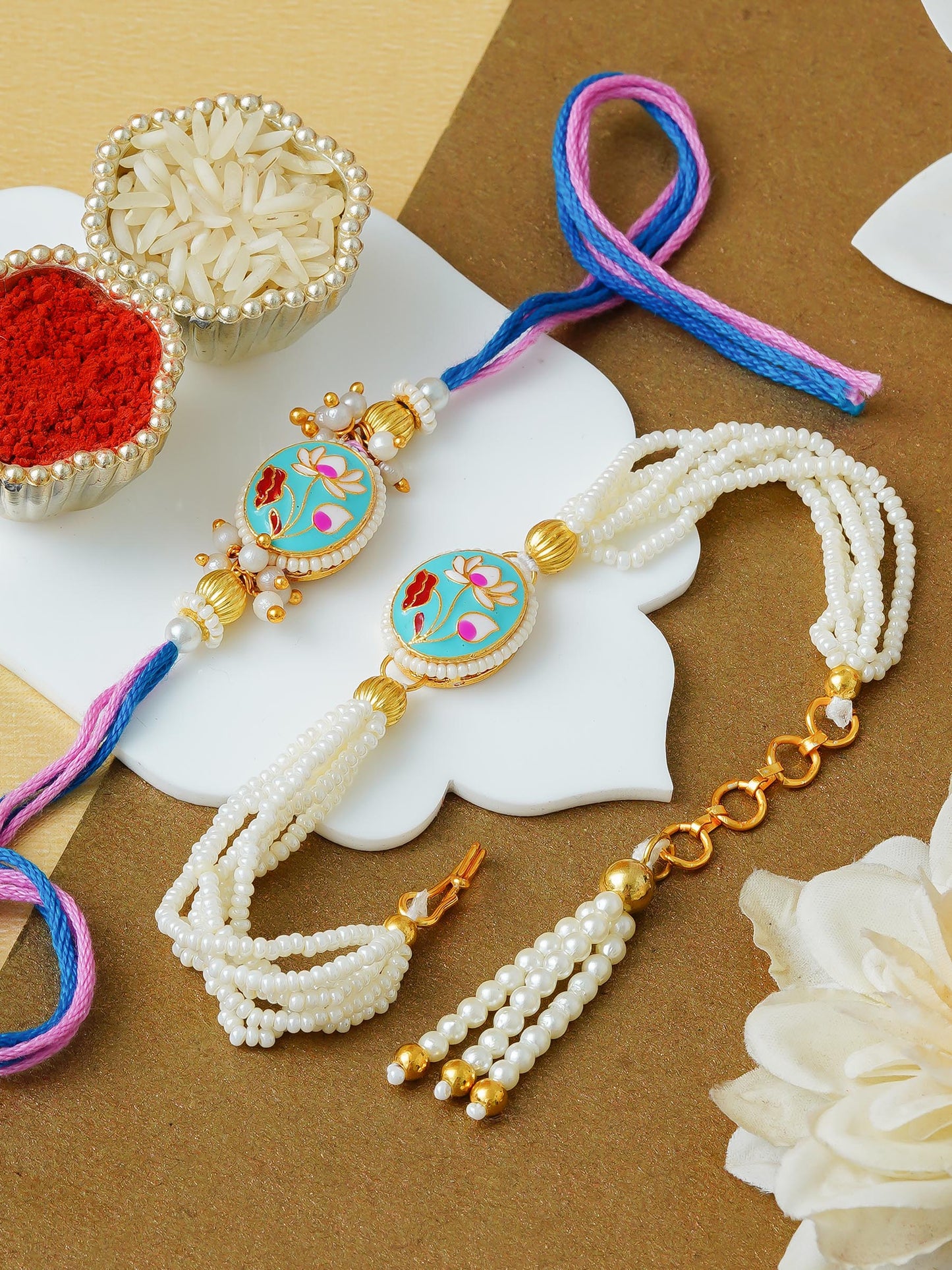 Couple Traditional Rakhi Set with Free Chawal & Kumkum