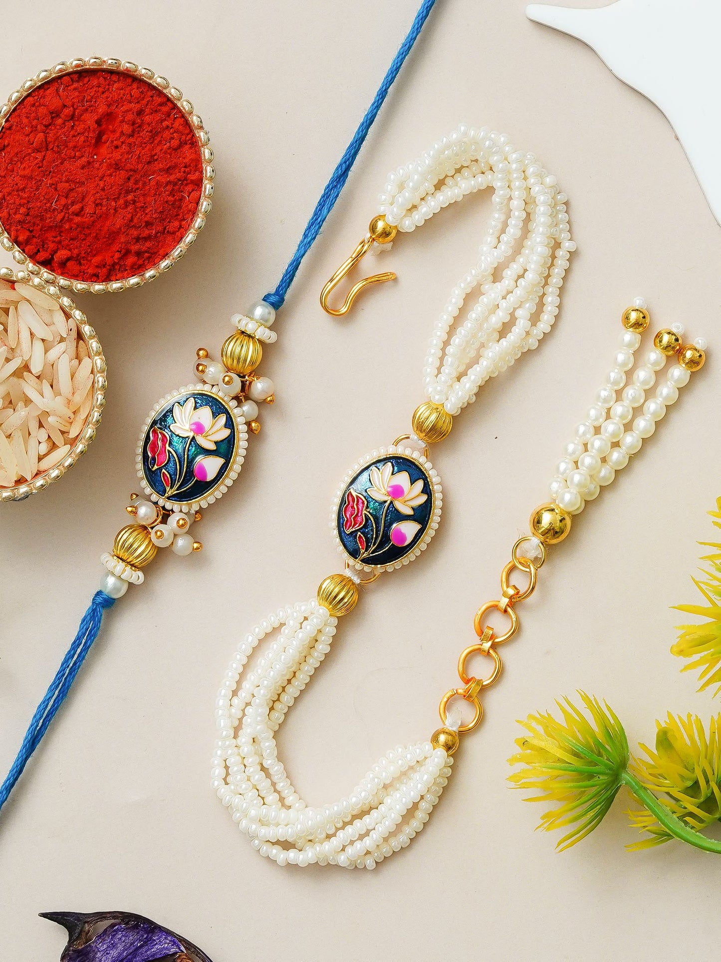 Couple Traditional Rakhi Set with Free Chawal & Kumkum