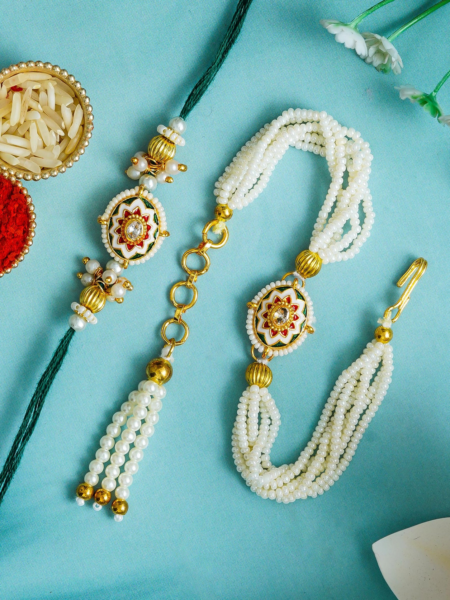 Couple Traditional Rakhi Set with Free Chawal & Kumkum