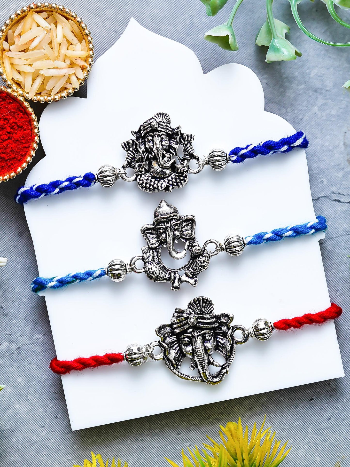 Ganesh Rakhi Set of 3 – Traditional Metal Rakhis – Free Chawal & Kumkum