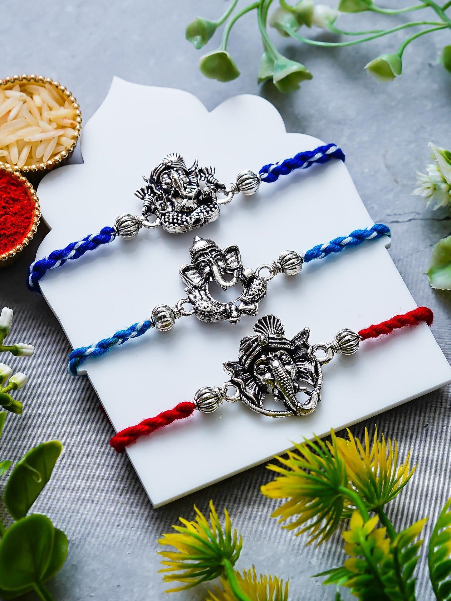 Ganesh Rakhi Set of 3 – Traditional Metal Rakhis – Free Chawal & Kumkum