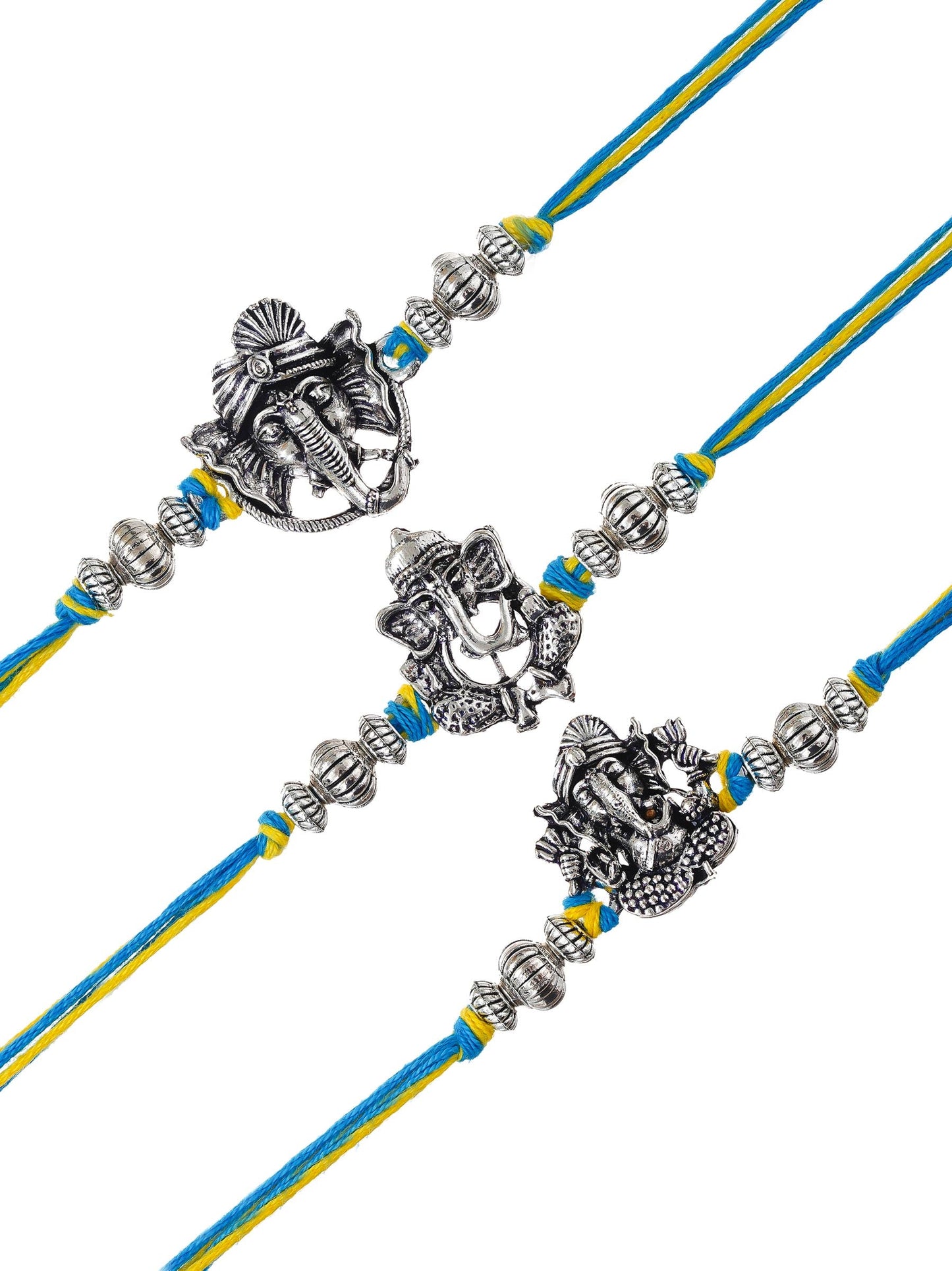 Lord Ganesha Rakhi Set of 3 – Antique Metal Finish – Free Chawal & Kumkum
