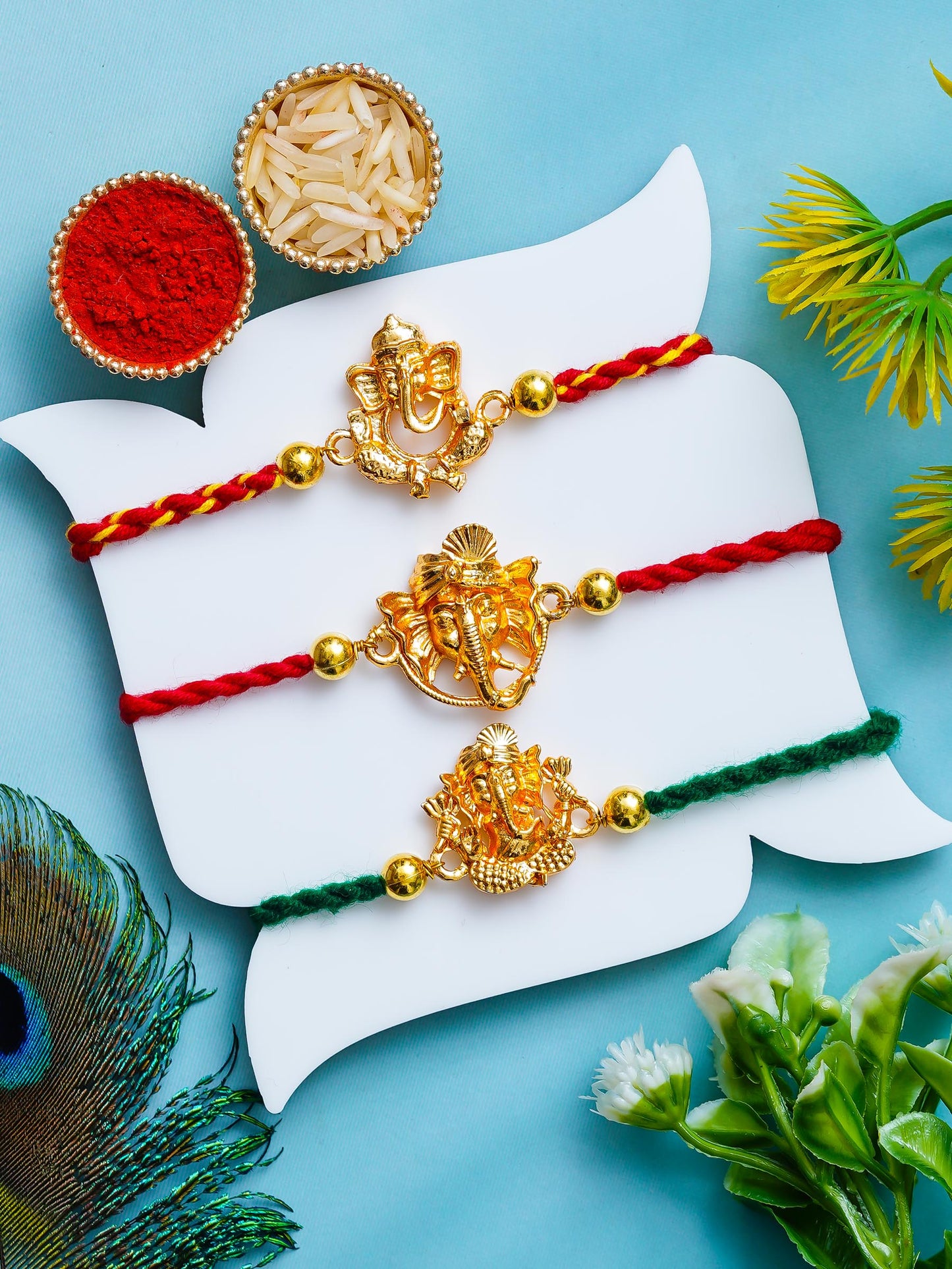 Golden Ganesha Rakhi Set of 3 – Traditional Rakhi for Brothers – Free Chawal & Kumkum