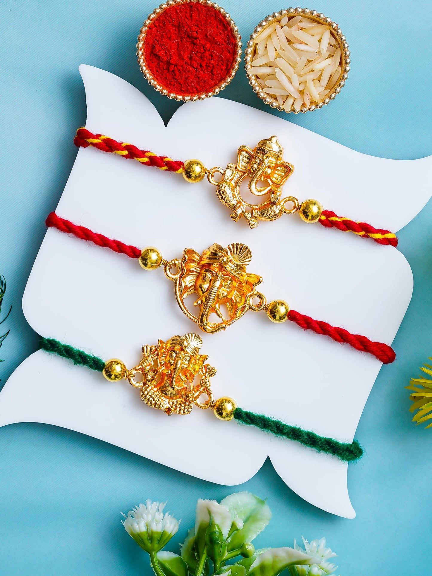 Golden Ganesha Rakhi Set of 3 – Traditional Rakhi for Brothers – Free Chawal & Kumkum