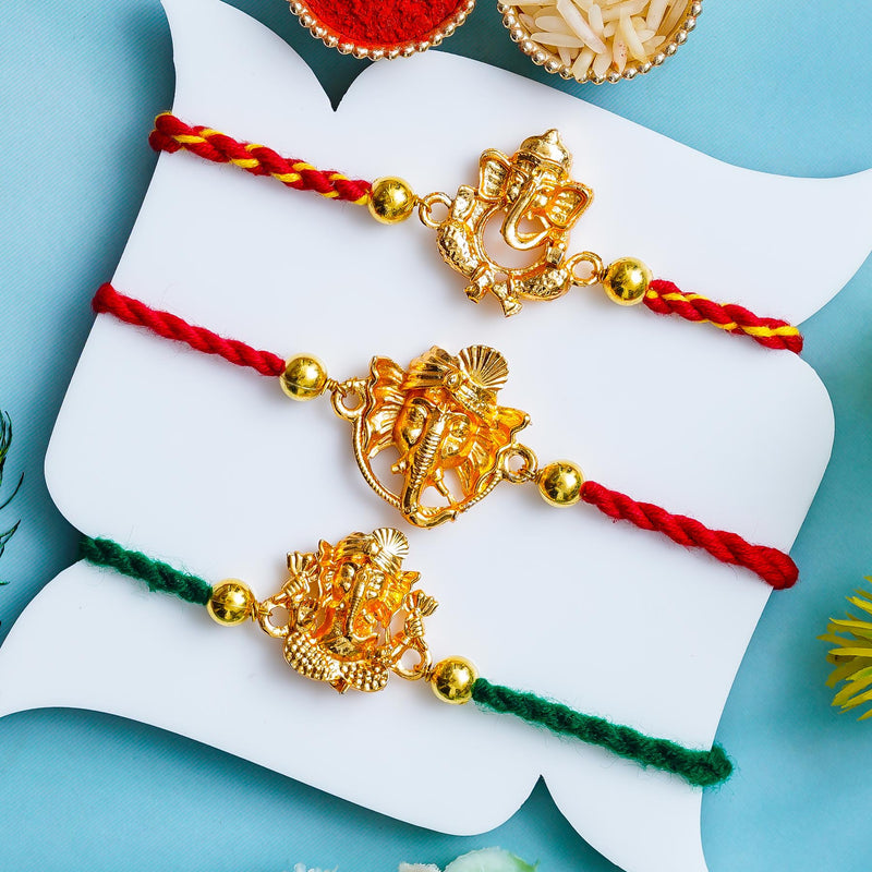 Golden Ganesha Rakhi Set of 3 – Traditional Rakhi for Brothers – Free Chawal & Kumkum