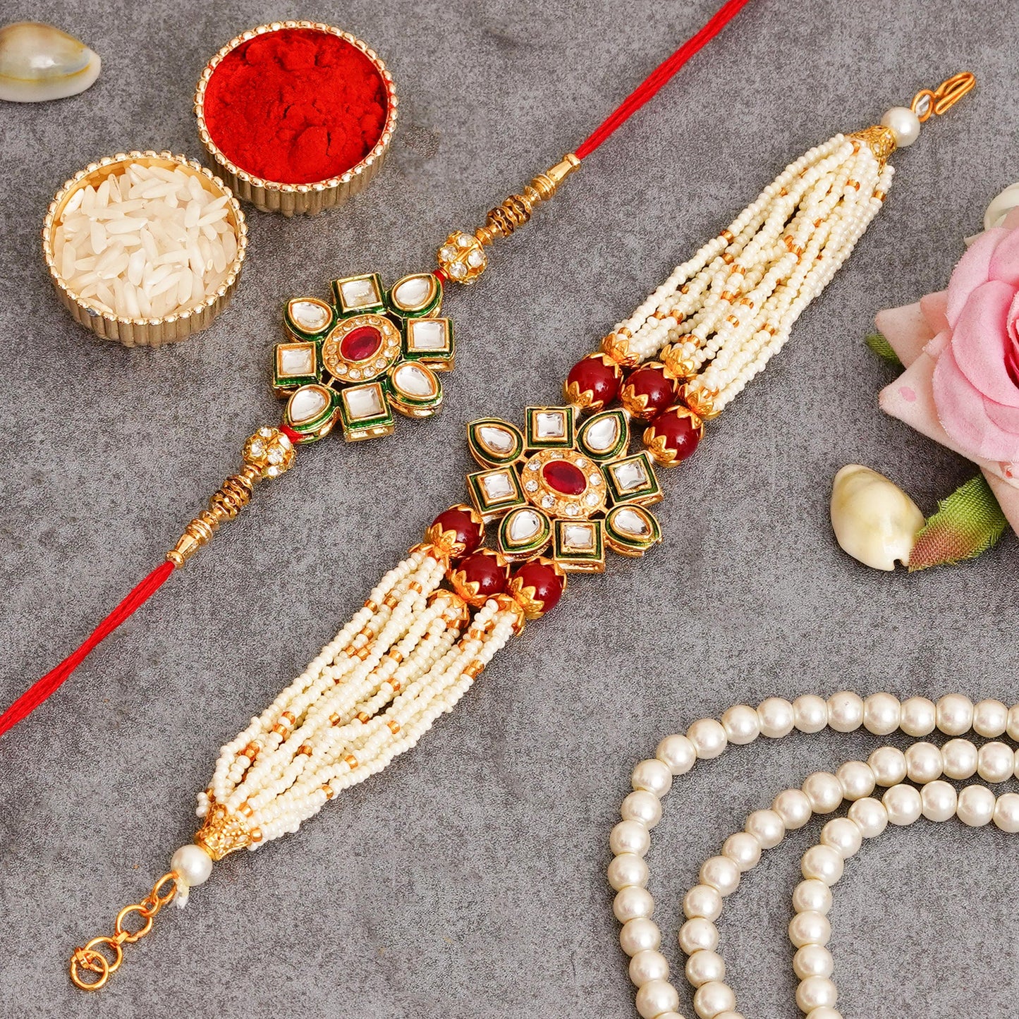 Kundan Pearl Rakhi Set with Free Chawal & Kumkum