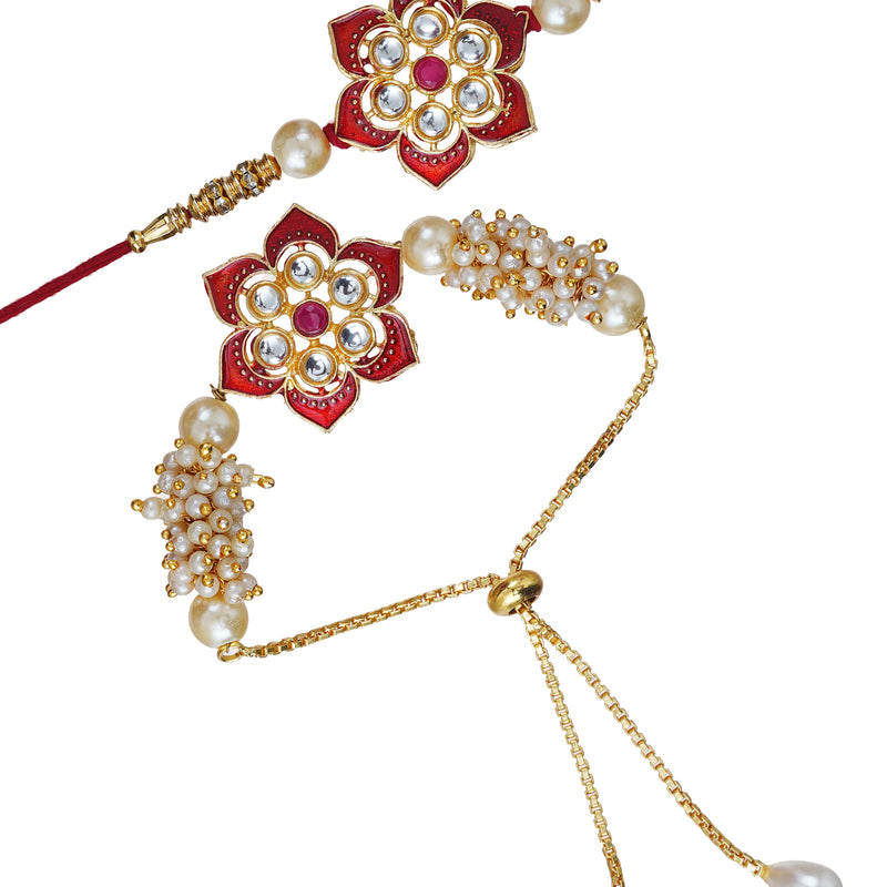 Designer Kundan Rakhi & Bracelet Set with Free Chawal & Kumkum