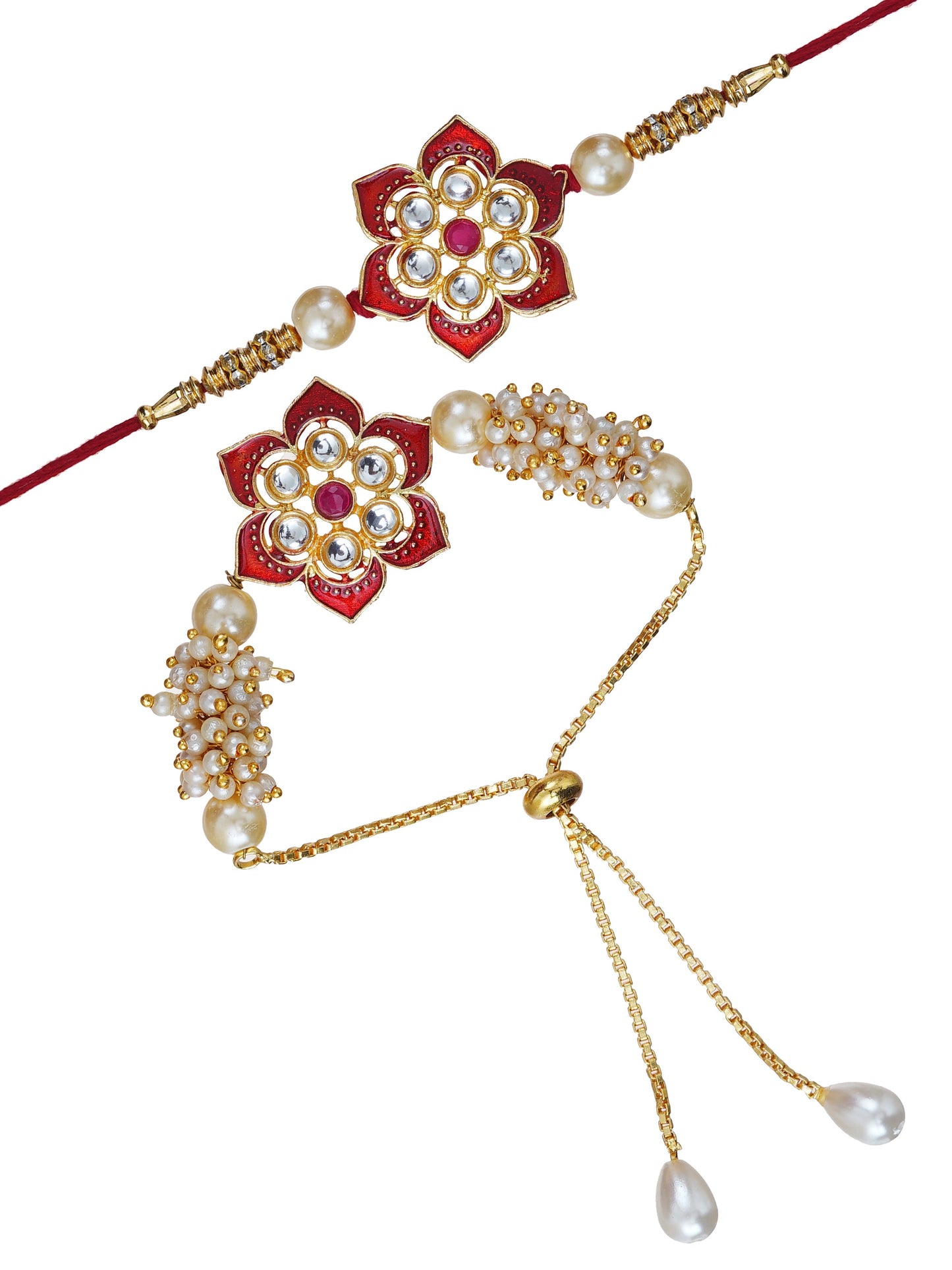 Designer Kundan Rakhi & Bracelet Set with Free Chawal & Kumkum