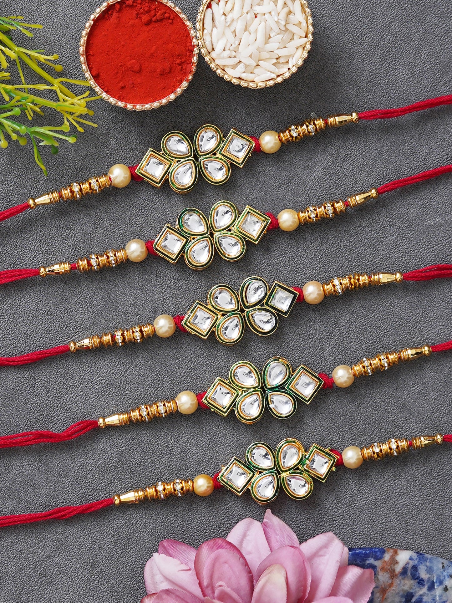 Designer Kundan Rakhi & Bracelet Set with Free Chawal & Kumkum