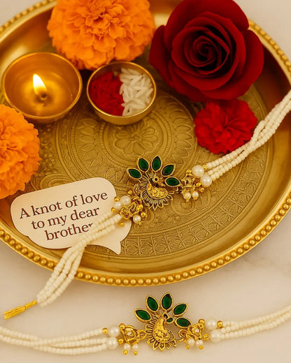 Handmade Mayur Moti Rakhi with Free Chawal & Kumkum