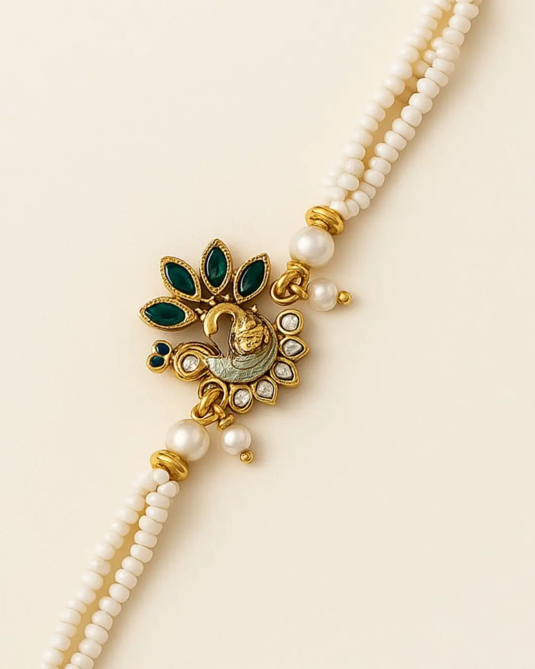 Handmade Mayur Moti Rakhi with Free Chawal & Kumkum