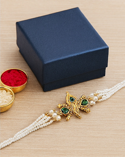 Handmade Divine Peacock Feather Rakhi with Free Chawal & Kumkum