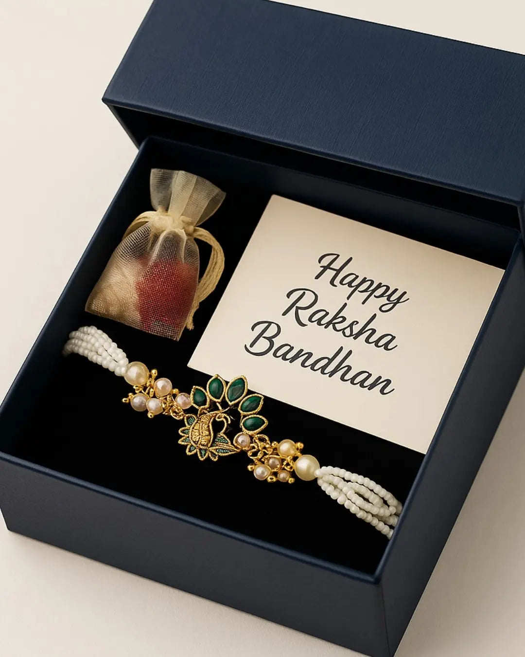 Handmade Mayur Moti Rakhi with Free Chawal & Kumkum