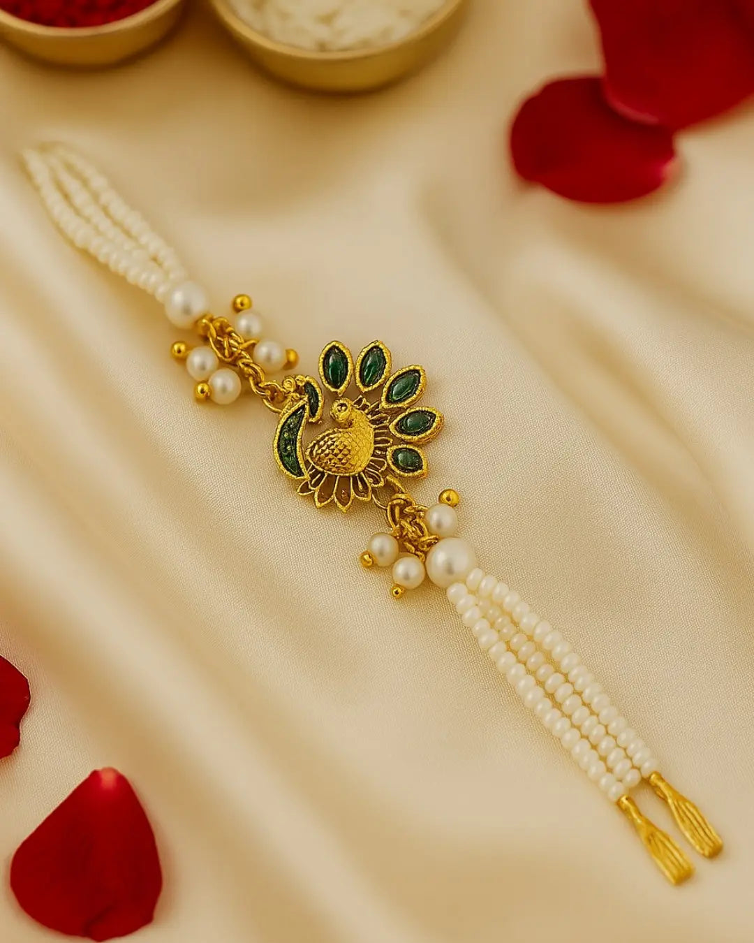 Handmade Mayur Moti Rakhi with Free Chawal & Kumkum