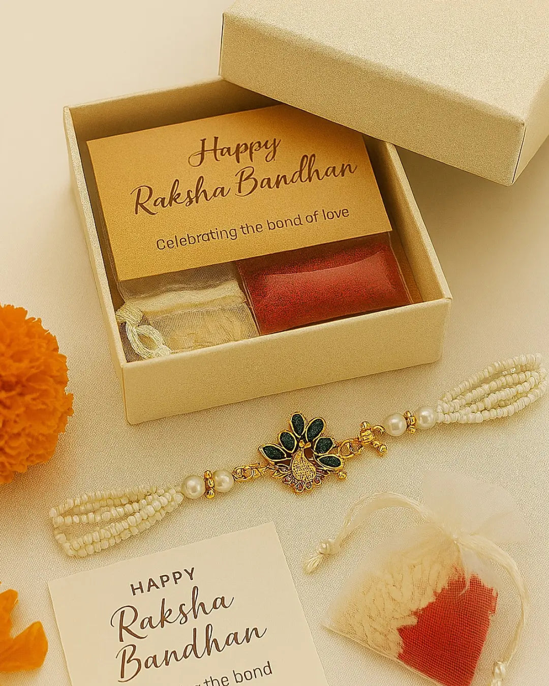 Handmade Mayur Moti Rakhi with Free Chawal & Kumkum