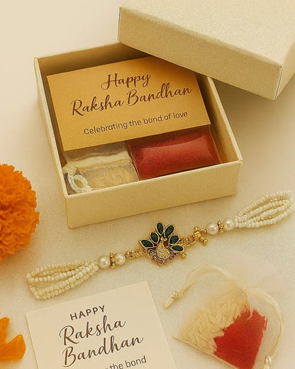 Handmade Mayur Moti Rakhi with Free Chawal & Kumkum