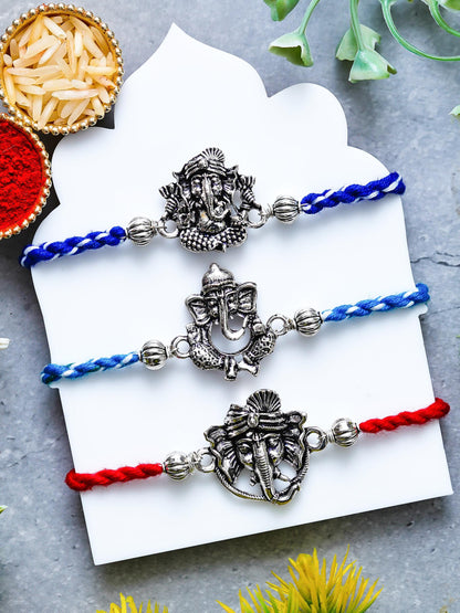 Ganesh Rakhi Set of 3 – Traditional Metal Rakhis – Free Chawal & Kumkum