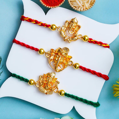 Golden Ganesha Rakhi Set of 3 – Traditional Rakhi for Brothers – Free Chawal & Kumkum