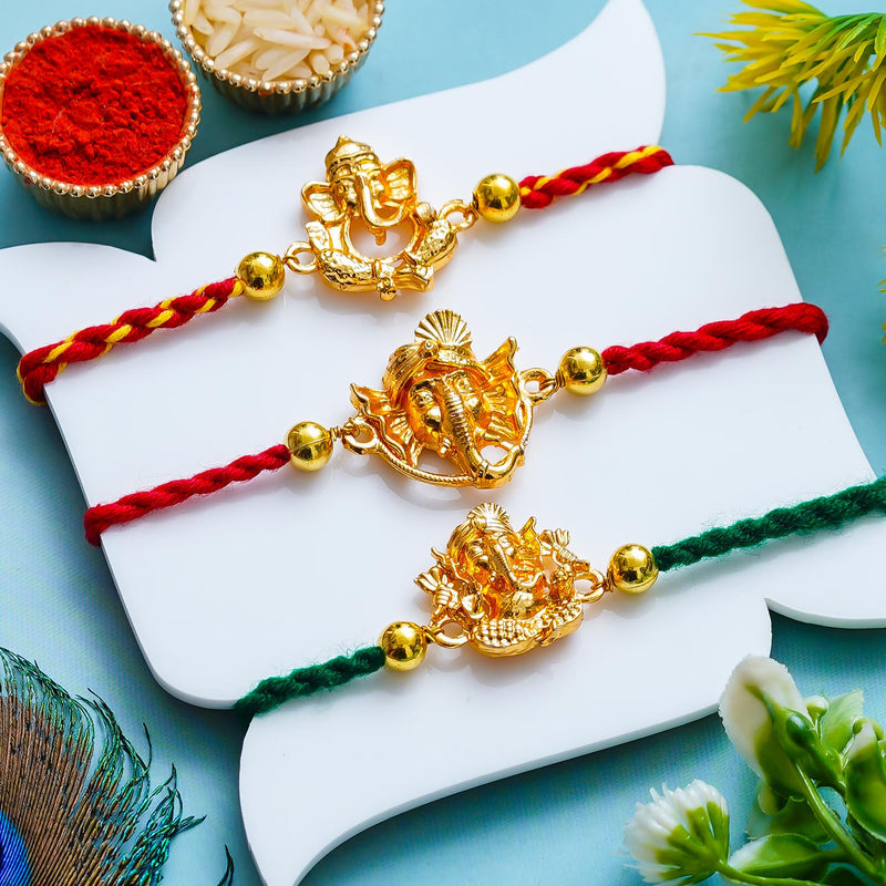 Golden Ganesha Rakhi Set of 3 – Traditional Rakhi for Brothers – Free Chawal & Kumkum