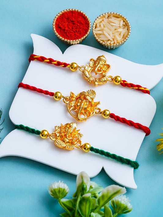 Golden Ganesha Rakhi Set of 3 – Traditional Rakhi for Brothers – Free Chawal & Kumkum