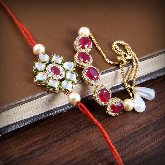 Elegant Kundan Rakhi With Free Chawal & Kumkum