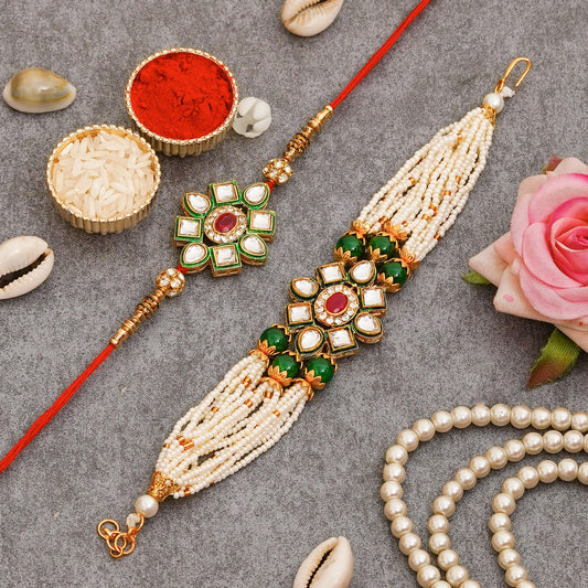 Kundan Pearl Rakhi Set with Free Chawal & Kumkum