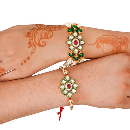 Kundan Pearl Rakhi Set with Free Chawal & Kumkum