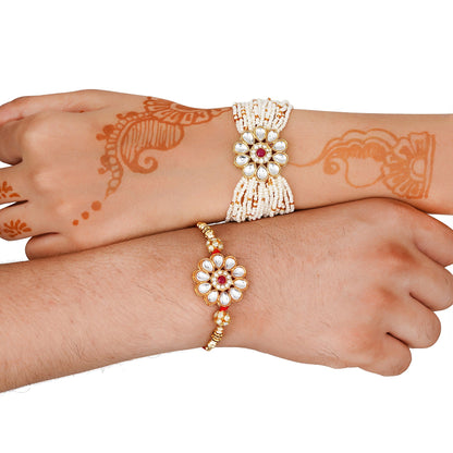 Kundan Pearl Rakhi Set with Free Chawal & Kumkum