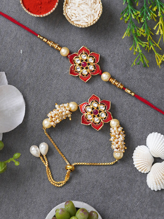 Designer Kundan Rakhi & Bracelet Set with Free Chawal & Kumkum