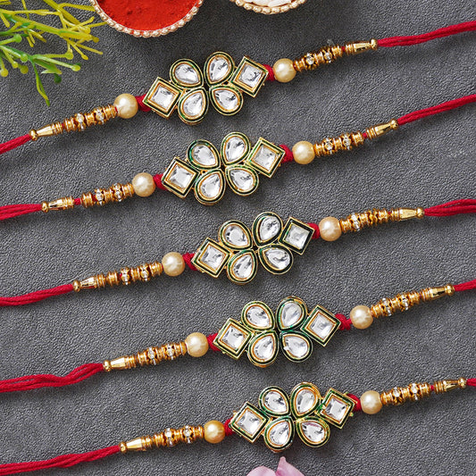 Designer Kundan Rakhi & Bracelet Set with Free Chawal & Kumkum